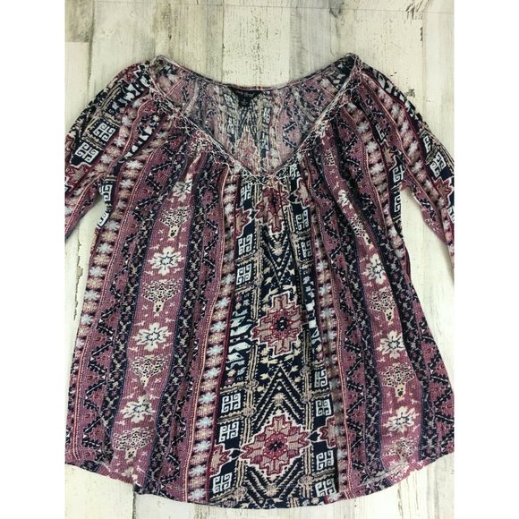 Lucky Brand Boho Print Blouse Blue Maroon Womens Sz S - Picture 2 of 12